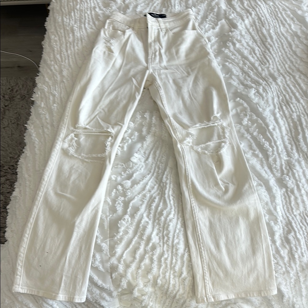 Hollister White Straight Leg Jeans with Distressing
